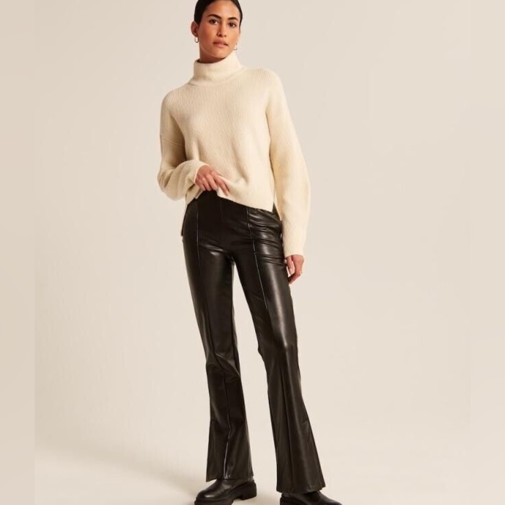 A&F brown vegan leather flare pants with split hem